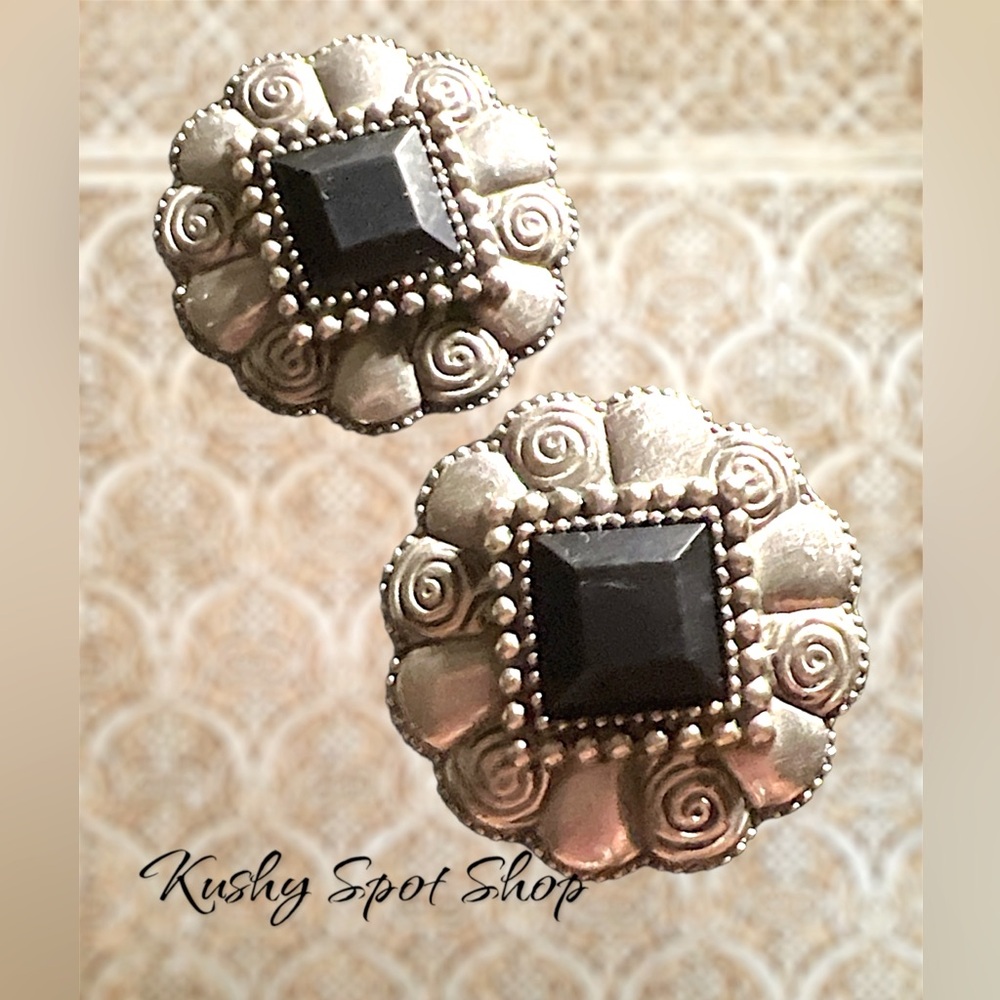 Vintage Sterling Silver 🩶◼️➰ Black Onyx Art Deco Style Post Earrings 🩶➰◼️